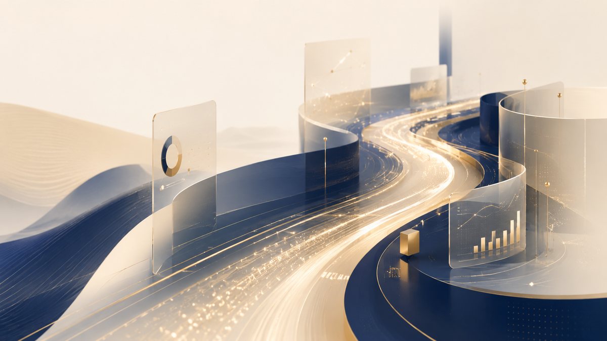 Golden strategic action pathway through an abstract landscape